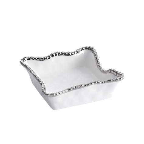 White porcelain cocktail napkin holder with silver bead detailing.