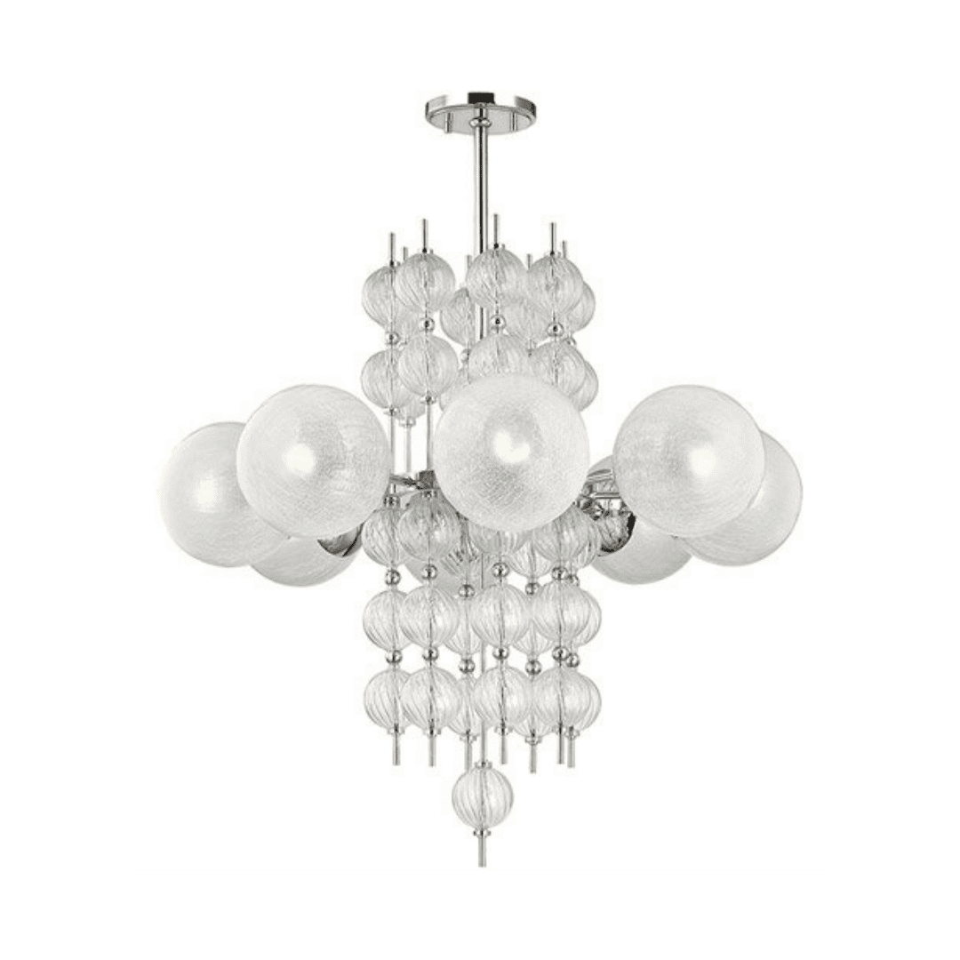 Sleek 8-light chandelier in polished nickel, showcasing a contemporary steel design.