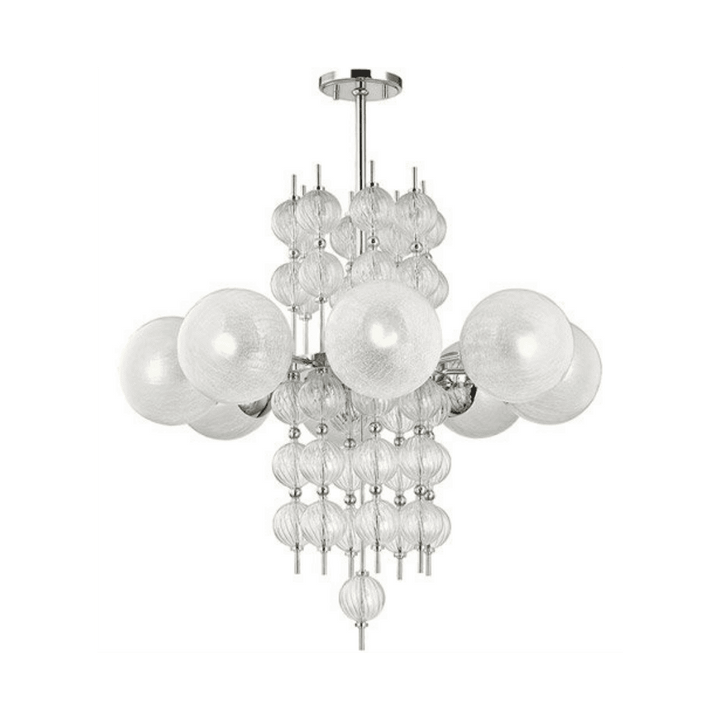 Sleek 8-light chandelier in polished nickel, showcasing a contemporary steel design.