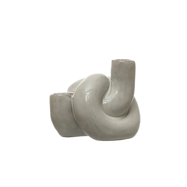 double candle taper holder stoneware knot - stylish white