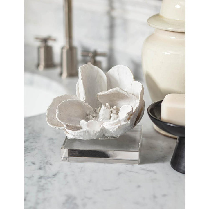 Modern Classic White Resin Crystal Base Magnolia Sculpture