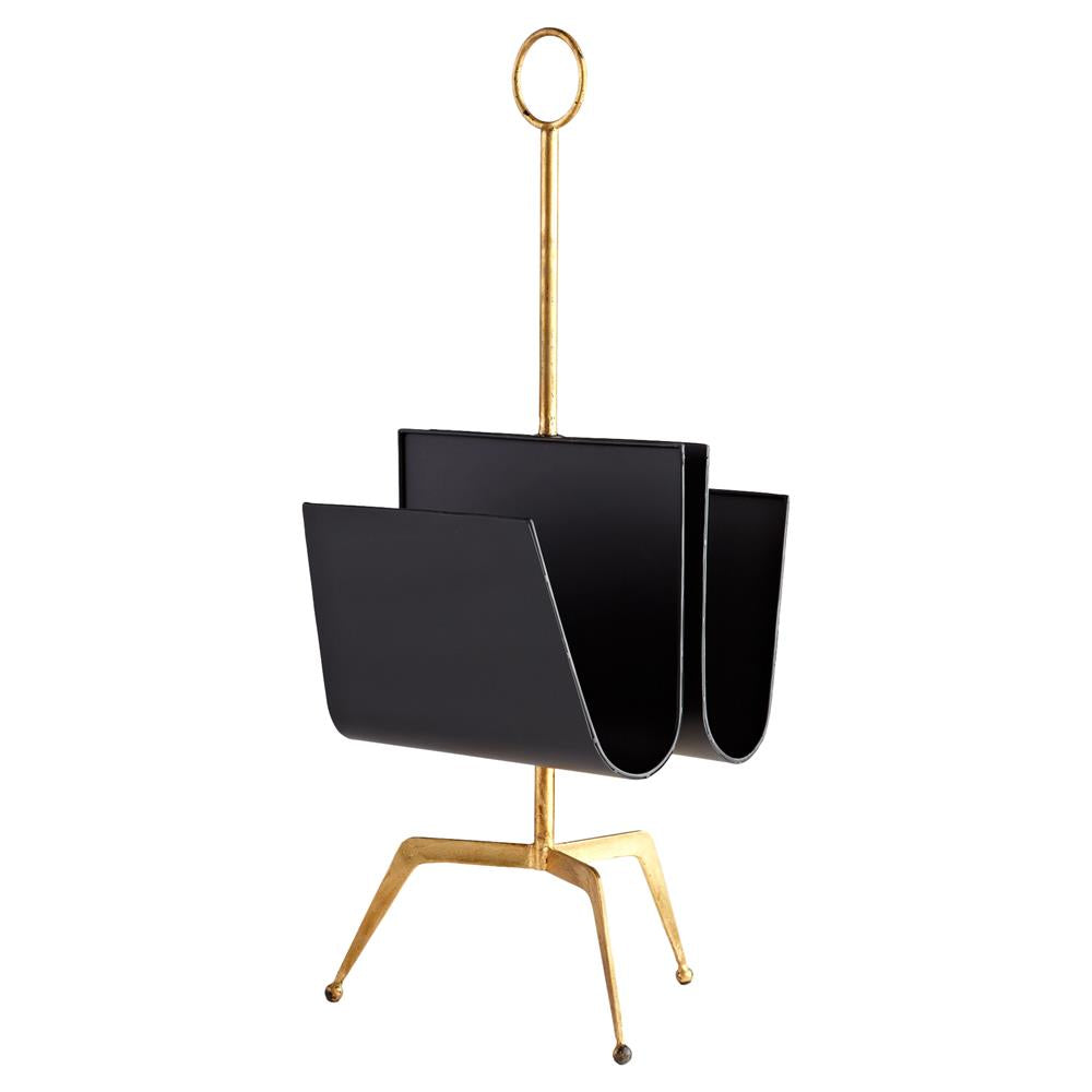 A black saddle magazine rack