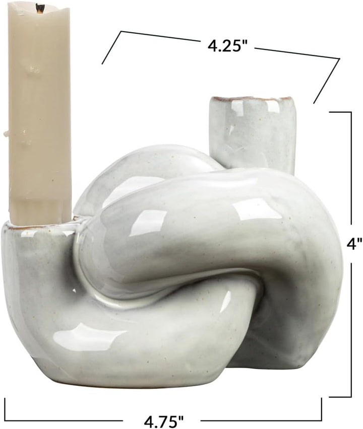 Double Candle Taper Holder Stoneware Knot - Stylish White